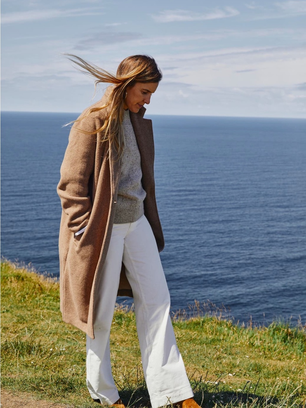 Faherty Atlantic Knit Wool Blend Coat Camel Taupe M